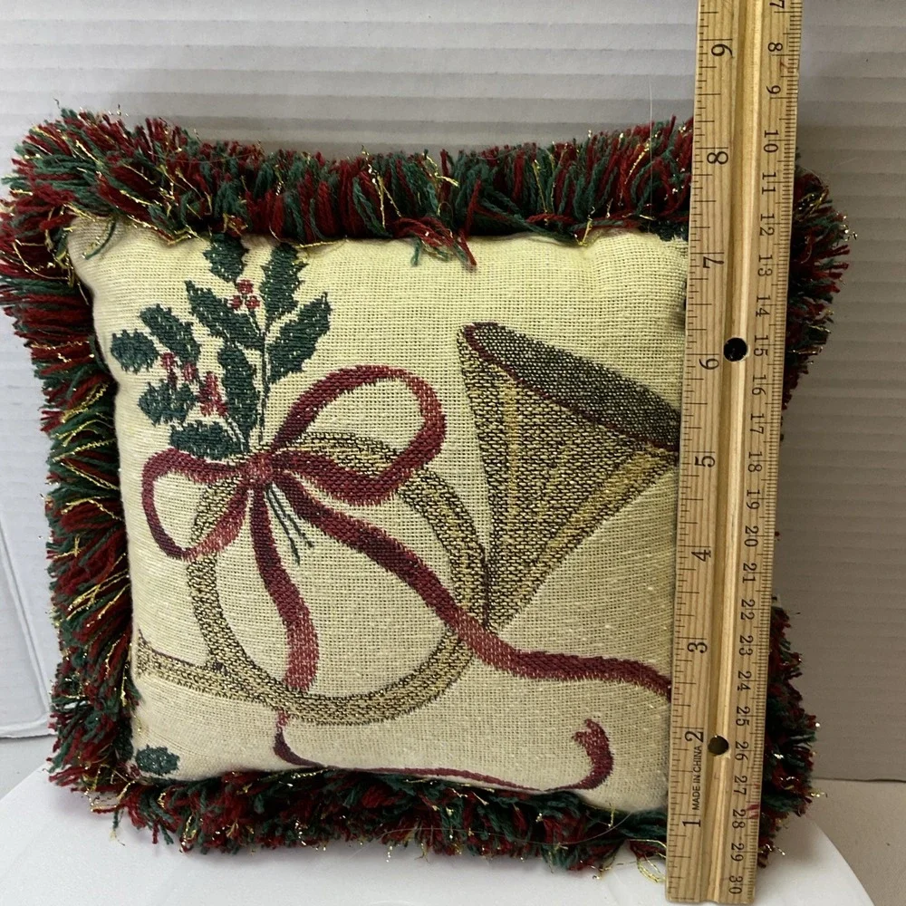 Vtg Christmas Tapestry Fringe Throw‎ Pillow Riverdale w/French Horn 9x8
